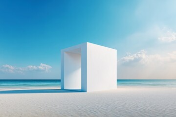 Minimal white cube on beach with ocean and blue sky backdrop