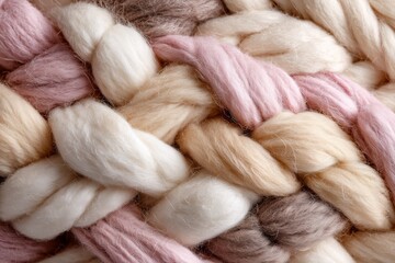 Close-up of chunky woven wool yarn in pastel tones