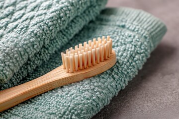 Eco bamboo toothbrush on folded green towels