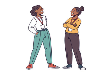 Two smiling women with lanyards and name tags stand together confidently looking upwards and engaging in conversation