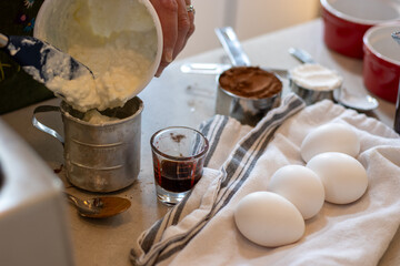 Cottage cheese, cocoa and eggs on towel before baking
