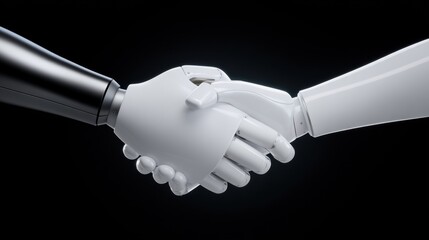 Symbolic handshake between black and white robotic hands