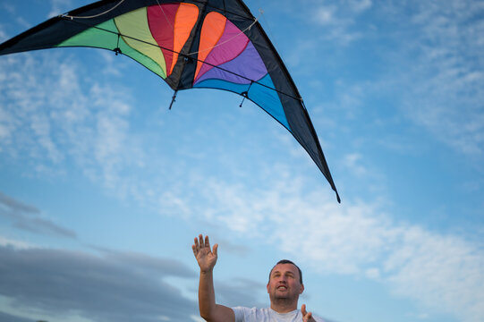 A man flying the kite, future, goals, leadership concept. Copy space