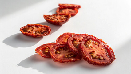 Fototapeta premium A scattering of sundried tomato slices isolated on white background, their rich red color enhanced by the bright, focused light