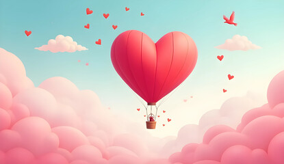 A dreamy illustration of a red heart-shaped hot air balloon floating in a pink-blue pastel sky with clouds and birds. 