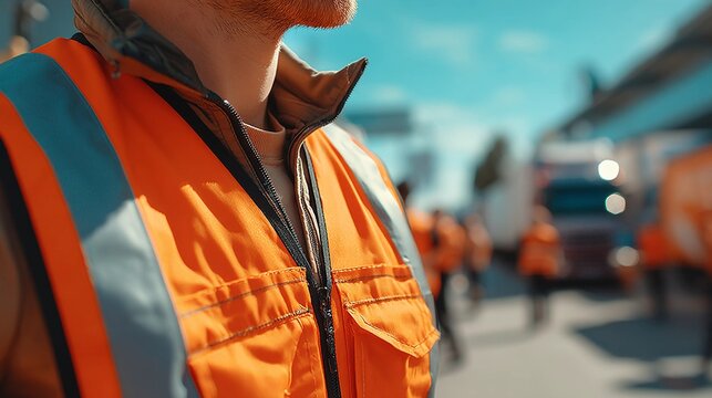 Close-up of worker in orange high-visibility vest standing outdoors