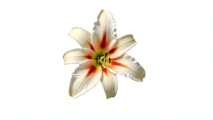 Photorealistic image of a white Lilium flower isolated on white. Large open bloom with narrow green leaves. Botanical macro with soft light and natural detail.
