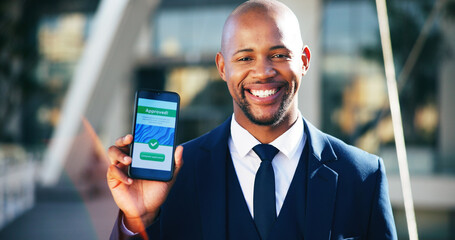 Business, man or happy with phone screen for approval of loan application, RPA or positive...