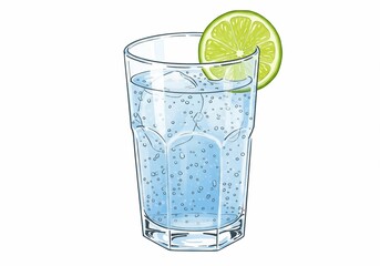 Refreshing sparkling water with ice cubes and a lime slice illustration
