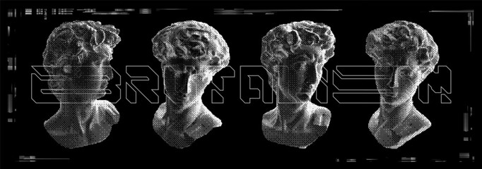 David in halftone style. 3d  white bust set in style y2k brutalism pixel on a black background