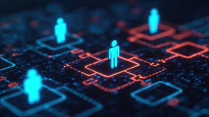 Digital human icons glowing blue on a dark, futuristic network grid symbolizing connectivity and virtual interaction.