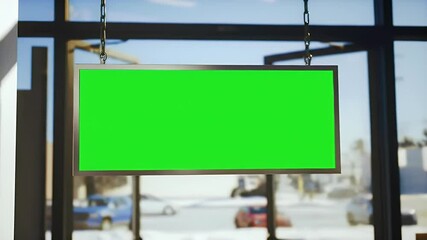 Hanging Green Screen Sign in Window - Mockup