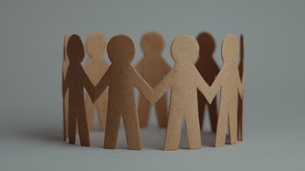 Paper cutout figures of diverse people holding hands in a circle symbolizing unity, teamwork, and community on a neutral background.