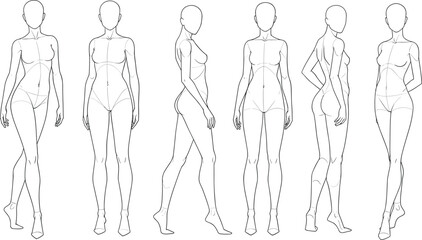 Female fashion figure template, multiple poses, front and side view, body outline sketch for design, croquis for fashion illustration flat vector illustration