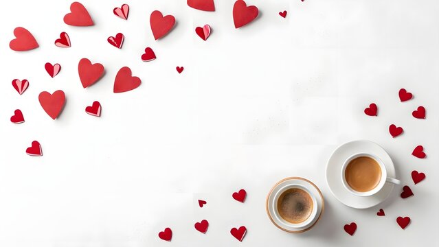 Heart shaped coffee beans and cup on red romantic background - Powered by Adobe