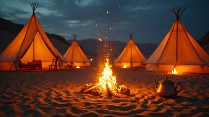 Night view of bonfires in desert campsites