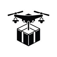Black and white icon depicting a drone delivering a package efficiently