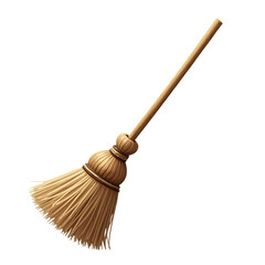 Traditional wooden broom with straw bristles isolated on transparent background