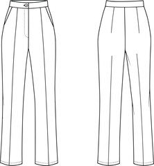 High waist women’s tailored pants flat sketch, button front waistband, straight leg design, front pleats, fashion technical vector illustration
