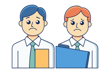 Two sad office workers with blue and orange hair holding folders conveying a sense of disappointment or stress
