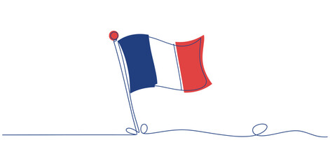 Minimalistic continuous line drawing of the French national flag in blue, white, and red, symbolizing patriotism, heritage, and unity