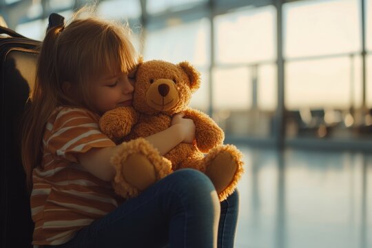 Child hugs teddy bear while waiting at an airport terminal before a flight to an unknown destination