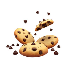 Delicious chocolate chip cookies and chocolate chips falling isolated on transparent background