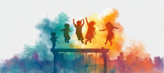 Silhouette of children play fun at playground. Kid recreation activity. Generative AI technology. 