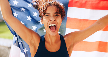 Winner, runner and American flag with portrait of woman for sports success, patriot pride and champion. Usa athlete, achievement and tournament victory with excited person and shout in stadium
