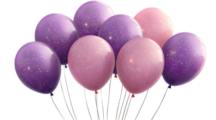 Bunch of festive pink and purple balloons against a black background for celebrations