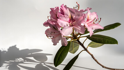 Obraz premium A pink rhododendron flower with green leaves is illuminated by sunlight, isolated on white background
