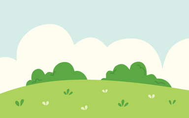 Green landscape featuring rolling green hills, fluffy clouds, and lush bushes under a pale blue sky.