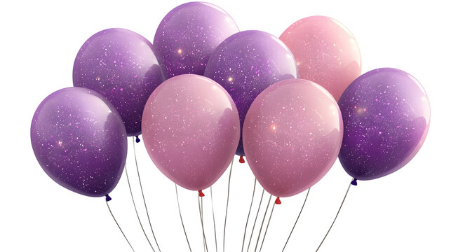 Bunch of festive pink and purple balloons against a black background for celebrations