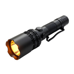 Modern black tactical flashlight with bright yellow light isolated on transparent background