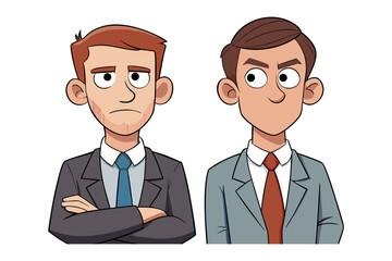Two cartoon businessmen in suits with distinct expressions one looking displeased with arms crossed the other with a curious gaze