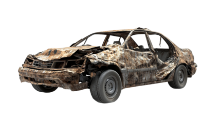 High-resolution transparent PNG cutout of a severely crash-damaged modern car with crumpled body panels, shattered glass and exposed engine — ideal for accident scene illustrations, safety training