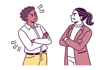 Two individuals with arms crossed and angry expressions facing each other symbolizing conflict or disagreement in a stylized illustration