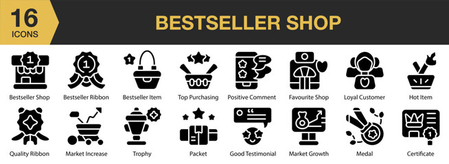 Bestseller Shop solid icon set. Includes sale, ranking, retail, commerce, online, and More. Solid icons vector collection.