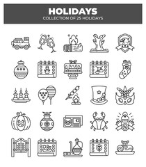 Collection of 25 Holidays. Festive Line Icons for Celebrations
