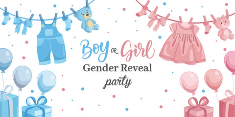 Boy or Girl Gender reveal banner Baby hanging clothes Pink or blue