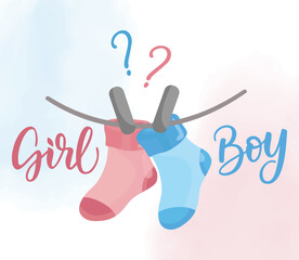 Gender reveal greeting card Pink and blue baby socks Boy or girl