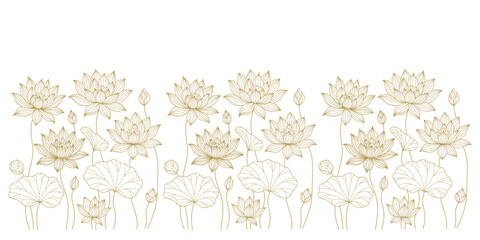 Gold lotus flower background with luxury Indian line art for spa or yoga.