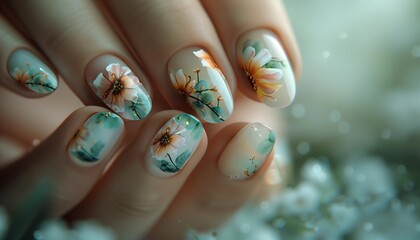 nail art paintings on women's nails, beautiful nail decorations, nail painting works, nail art with false nails, flower shape nail art
