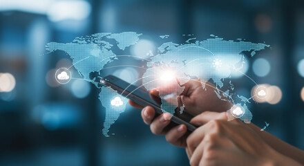 Global Connection: A close-up of hands interacting with a smartphone, superimposed with a digital representation of the globe, symbolizing the interconnected world.