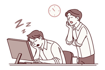 Tired office worker sleeping at desk while colleague yawns nearby illustrating workplace exhaustion and lack of productivity during work hours