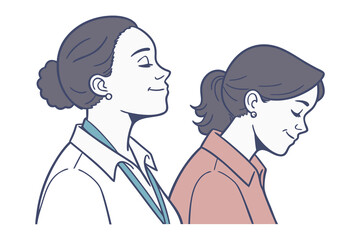 Fototapeta premium Two women in profile view one with eyes closed and a serene expression the other looking down with a gentle smile