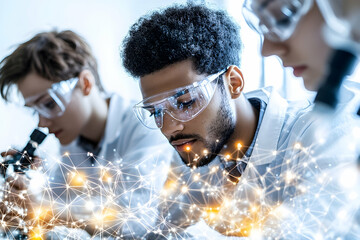 Focused scientist in lab coat with digital network overlay, cond