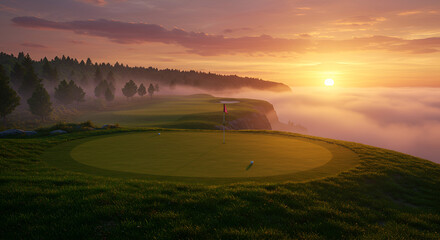 Sunrise golf course overlooking a misty mountain