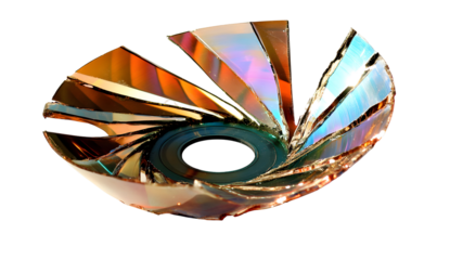 Abstract iridescent cd shards artwork with black background creating unique pattern