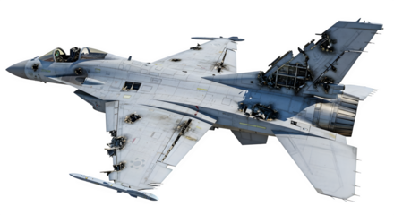 Damaged fighter jet, isolated on transparent background